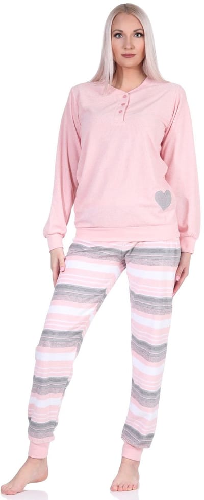 Mooie dames badstof pyjama lange mouw met manchetten en hartjesmotief en gestreepte broek