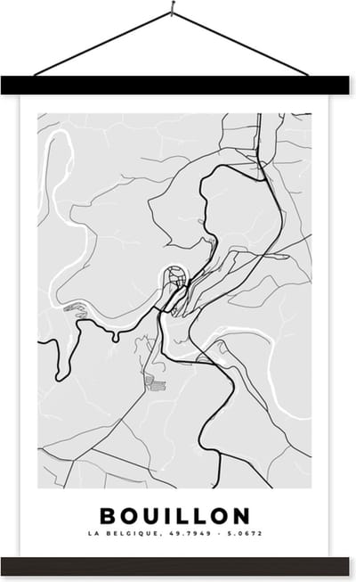 Posterhanger incl. Poster 40x60 cm - Schoolplaat - België – Bouillon – Stadskaart – Kaart – Zwart Wit – Plattegrond - Textielposter - Zwarte latten - Stadskaart