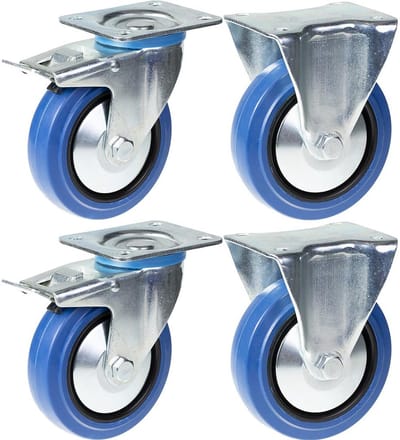 125 mm (5 inch) zwenkwielen met blauw rubber, rem en vast, zeer stevig, draagvermogen 800 kg, set van 4