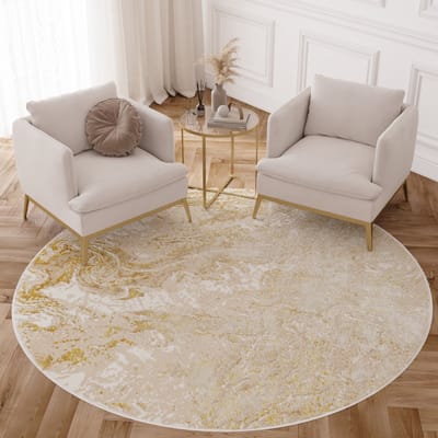 Tapiso Crystal Rond Vloerkleed Beige Creme Laagpolig Modern Tapijt Maat- 80x80