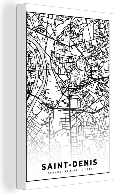 Canvas Schilderij Plattegrond - Kaart - Frankrijk - Saint-Denis - Stadskaart - Zwart wit - 20x30 cm - Wanddecoratie