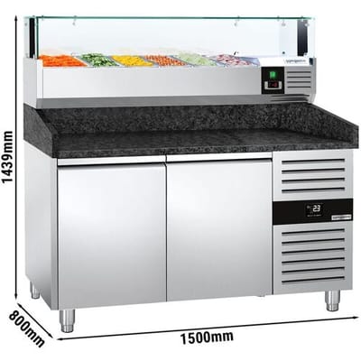 GGM Gastro Pizzakühltisch PREMIUM - 1500x800mm - mit 2 Türen - inkl. Kühlaufsatzvitrine LED - 5x GN 1/3 + 1x GN 1/2 Zilver