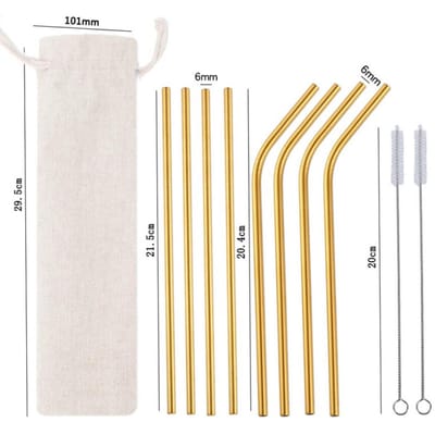 Set van 10 roestvrijstalen rietjes + tas (inclusief 2 schoonmaakborstjes), herbruikbaar, milieuvriendelijk, geschikt voor cocktails, smoothies en sappen,goud