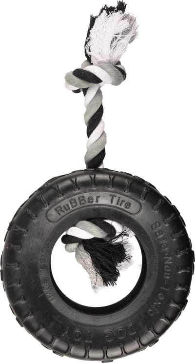 Flamingo hondenspeelgoed – Gladiator Band & Touw Zwart 35cm – kauwspeeltje met flostouw en knopen – sterk rubber speelgoed voor honden