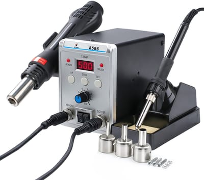 Creatorally Soldeerstation - 2 in 1 luchtsoldeerstation - soldeerboutset 8586 - met 3 luchtmondstukken - Temperatuurbereik 200-480 °C - verwarmingspistool met digitaal display - Keramisch Verwarmingselement - voor SMD Reparatie en Desolderen