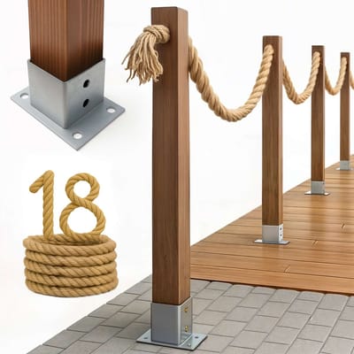 BOGATECO Houten schutting met jute touw | Zeilhek 18 m | 13 verschillende lengtes | Montageset inbegrepen Grondhuls met ankerplaat