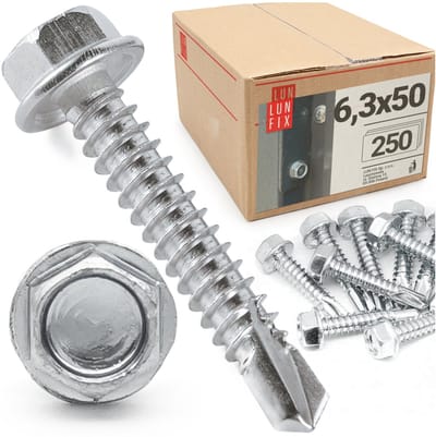 LUN FIX - Boorschroeven 6,3x50 mm - 250 stuks - Zeskantkop DIN 7504K - Verzinkt staal - Boorpunt voor trapeziumplaten en metalen platen