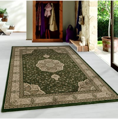 Oosterse laagpolige woonkamertapijt met sierlijke rand, groen 120x170 cm