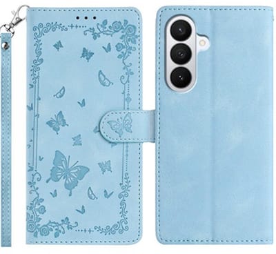 BoekCover Hoes Etui geschikt voor Samsung Galaxy A37 - A36 - A56 - Lichtblauw - Vlinders - Reliëf