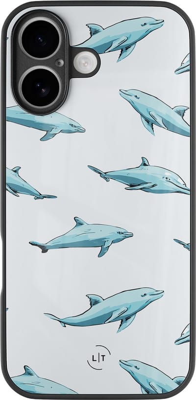 Hoesje geschikt voor iPhone 17 - Dolfijnen - Luxe Glazen Hardcase - Hippe print - Blauw - Leuke Telefoonhoesjes