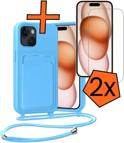 Hoesje Geschikt voor iPhone 15 Plus Hoesje Met Telefoonketting Pasjeshouder Case Met 2x Screenprotector Koord - Hoesje Geschikt voor iPhone 15 Plus Hoes Met Kaarthouder - Lichtblauw