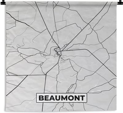 Wandkleed - Wanddoek - Stadskaart – Plattegrond – België – Zwart Wit – Beaumont – Kaart - 180x180 cm - Wandtapijt