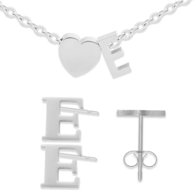 Initiaal Armband & Oorbellen set met Letter E Zilverkleurig - Stainless Steel - Met letter & Hartje! - 2x Sieraden Cadeau - Pax Amare