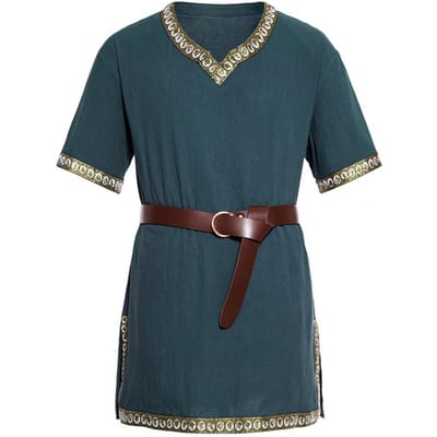 Tunique Médiévale Viking Chemise Col en V Manches Courtes Broderie Ceinturée Cosplay Scène Événements Renaissance Performance Costume d'Halloween XXL bleu marine