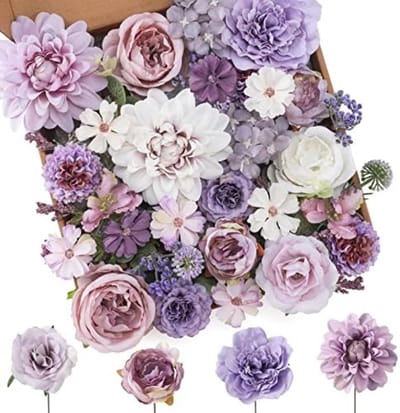 PromoHome Kunstbloemen Set Paars - 18 Stuks Zijden Bloemen Mix met Dahlia's, Rozen en Pioenrozen inclusief Stelen voor DIY Bruiloft Decoratie, Bloemstukken en Woondecor