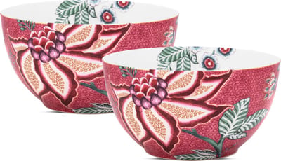 Pip Studio Flower Festival Ontbijtkommen - Donker Roze- Porselein - Set van 2 - 15cm