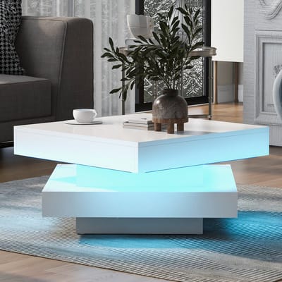 Salontafel - 70 x 70 x 36 cm - Draaibare Hoogglans Salontafel met LED - 360° Draaitafel - MDF - Wit