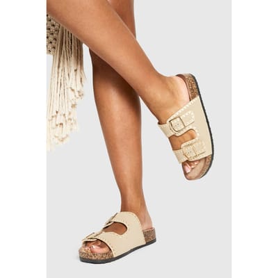boohoo Dames Contraststeek Detail Dubbele Gesp Sliders | Taupe | Maat: 37