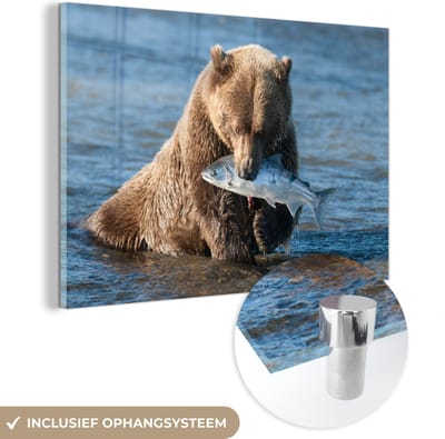 MuchoWow® Glasschilderij 60x40 cm - Schilderij acrylglas - Beer - Bruin - Vis - Foto op glas - Schilderijen