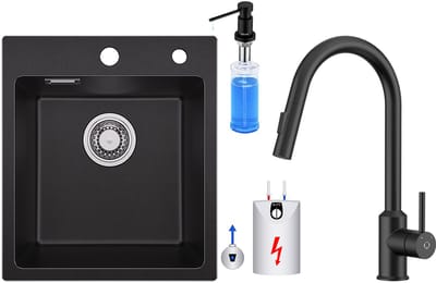 SOFETIY MAX Granieten Spoelbak 40x45CM - Spoelbakken Keuken Zwart - Enkele Spoelbakken Met Lagedruk Keukenkraan en Zeepdispenser 300ML - Spoelbakken Incl. Sifon en Afvoerzeefje