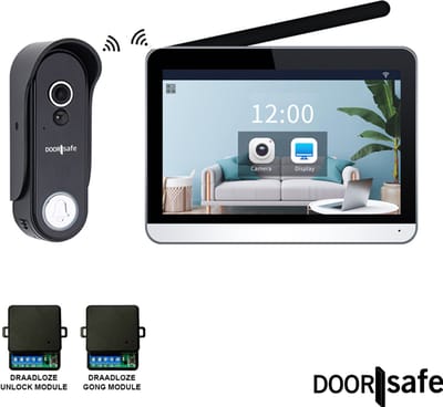 Doorsafe 4650 PRO | HD draadloze camera deurbel | 7″ touchscherm | Draadloos, langer bereik (868Mhz) | Deurbel op stroom of uitneembare 7000mAh accu | Hoog resolutie beeld | Duplex audio | PIR bewegingssensor | Draadloze unlock & gong module | 32Gb