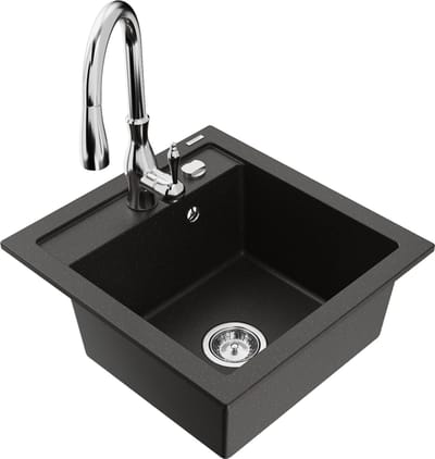 Mexen Vito granieten gootsteen 1-komorige met keukenkraan Savita, zwart/gouden metallic - 6503-75-672601-00