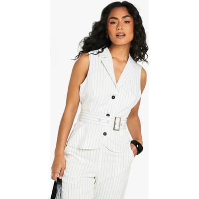 boohoo Dames Pinstripe Gilet met Ceintuur op Maat | White | Maat: 6