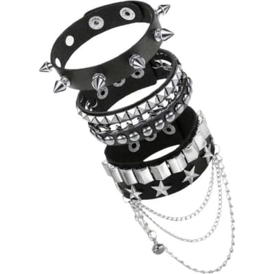 Lot de 3 Bracelets en Cuir à Franges et Étoiles Punk Rangée Pointes Rivets Goujons Large Manchette Cuir PU Punk Gothique Rock Accessoires gray
