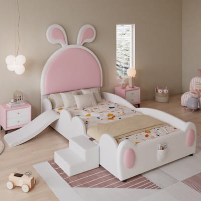 MODENUIT Kinderbed 90x200 cm – Met Glijbaan en Kleine Trap – Verwisselbare Zijkant – Zonder matras – PU – Wit Roze