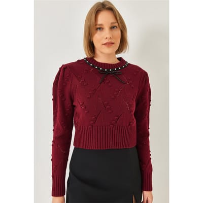 Geweven Geborduurde Crewneck Aansluitende Crop Sweater