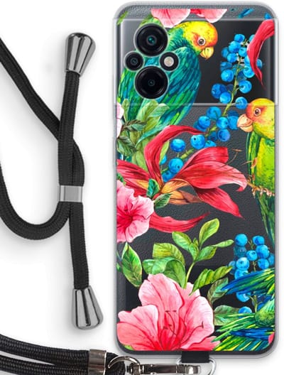 Case Company® - Hoesje met koord geschikt voor Xiaomi Poco M5 hoesje met Koord - Papegaaien - Telefoonhoesje met Zwart Koord - Bescherming aan alle Kanten en Over de Schermrand