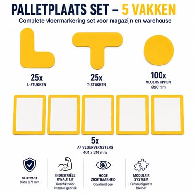 Palletplaats Set 5 Vakken Geel – Magazijn Vloermarkering met Vloerstickers, L- en T-Stukken & A4 Vloervensters Geel