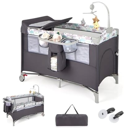 5-in-1 Opvouwbaar Cododo Babybed met Matras en Luiertafel - Multifunctioneel Reisbureau voor Kinderen 0-36 Maanden