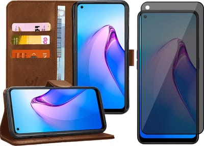 Hoesje geschikt voor Oppo Reno 8 - Privacy Screenprotector Volledig Dekkend Glas - Portemonnee Book Case Bruin
