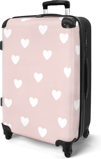 NoBoringSuitcases.com® - Kinderkoffer meisje - Roze hartjes - Kindertrolley meisjes - Koffer kind groot - Rolkoffer lichtgewicht - Reiskoffer met 4 wielen - Grote trolley XL - 20 kg bagage - Suitcase large