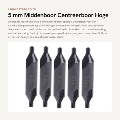 Dailygoods- Middenboor 5 mm - Centreerboren - Snelstaal - Schachtdiameter 12 mm - Totale lengte 63,3 mm - Uniek structuurontwerp - Boor