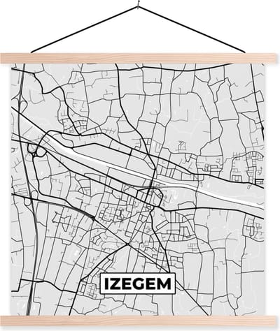 Posterhanger incl. Poster 40x40 cm - Schoolplaat - Zwart Wit – België – Plattegrond – Stadskaart – Kaart – Izegem - Textielposter - Blanke latten - Stadskaart
