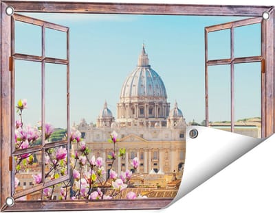 Gards Tuinposter Doorkijk Sint Pietersbasiliek in Rome met Bloemen - 60x40 cm - Tuindoek - Tuindecoratie - Wanddecoratie buiten - Tuinschilderij