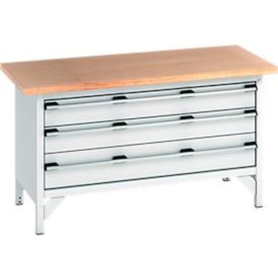 Bott cubio box-type werkbank, beuken multiplex blad, B 1500 x D 750 x H 840 mm, draagvermogen 600 kg, 3 laden, lichtgrijs RAL 7035