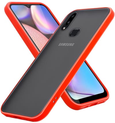 Cadorabo Hoesje geschikt voor Samsung Galaxy A10s / M01s in Mat Rood - Zwarte Knopen - Hybride beschermhoes met TPU siliconen Case Cover binnenkant en matte plastic achterkant