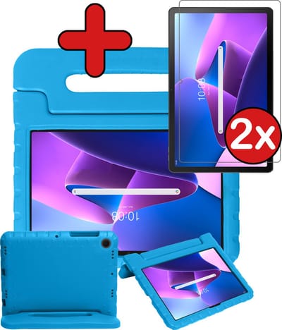 Hoesje - Geschikt voor Lenovo Tab M10 Plus (3e / 3rd Generatie) - Met 2x Screenprotector - Kinderhoes - Shockproof Bumper - Kidsproof Case - Tablethoes - Kinder Hoes Cover - Blauw