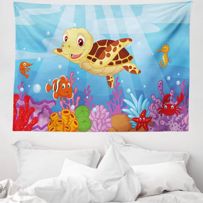 ABAKUHAUS Schildpad Wandtapijt, Leuke Stijl met Onderwaterdieren Schildpad en Vis Patroon, 150 x 110 cm, Multicolor
