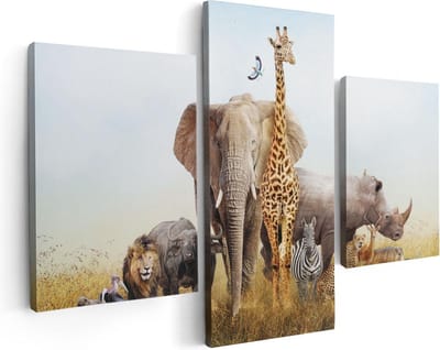 Artaza Canvas Schilderij Drieluik Afrikaanse Dieren op het Gras - Afrika - 90x60 - Foto Op Canvas - Canvas Print