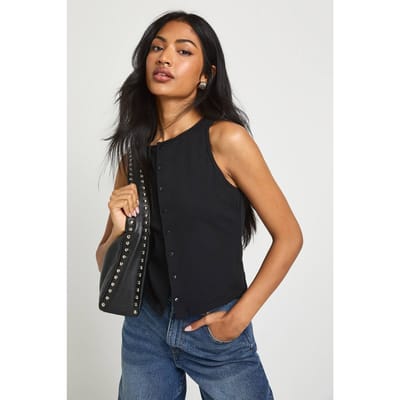 boohoo Dames Peached Sculpt Popper-door mouwloze top | Zwart | Maat: 34