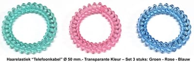Rojafit “Telefoonkabel” Haarelastiek - Maxi - Ø 50 mm - Set 3 Stuks - Transparant: Groen-Rose-Blauw