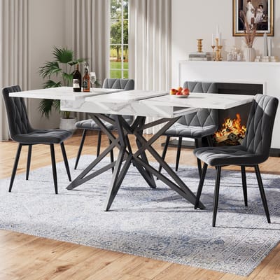 Uitschuifbare Eettafel 120 (160) x 80 cm, Telescopische Eettafel, Uitschuifbare Keukentafel, Ontbijttafel, Stervormige Tafelpoten, Zwarte Ijzeren Poten-White