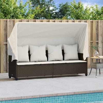 vidaXL - Ligbed - met - luifel - en - kussens - poly - rattan - bruin