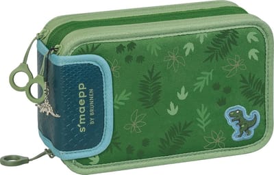 Etui met Dinosaurus - Pennendoos - Schoolbenodigdheden - Drie Vakken - 20x12.5x7.5cm - Blauw Groen