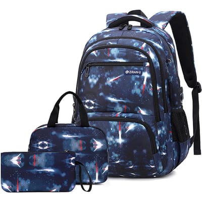 Rugzak voor basisschool- en middelbare scholieren, waterdichte schooltas met lunchtas en pennenzak donkerblauwe kleur