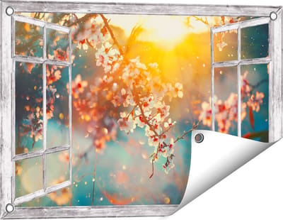 Gards Tuinposter Doorkijk Bloesemboom tijdens Zonsondergang - Bloem - 60x40 cm - Tuindoek - Tuindecoratie - Wanddecoratie buiten - Tuinschilderij